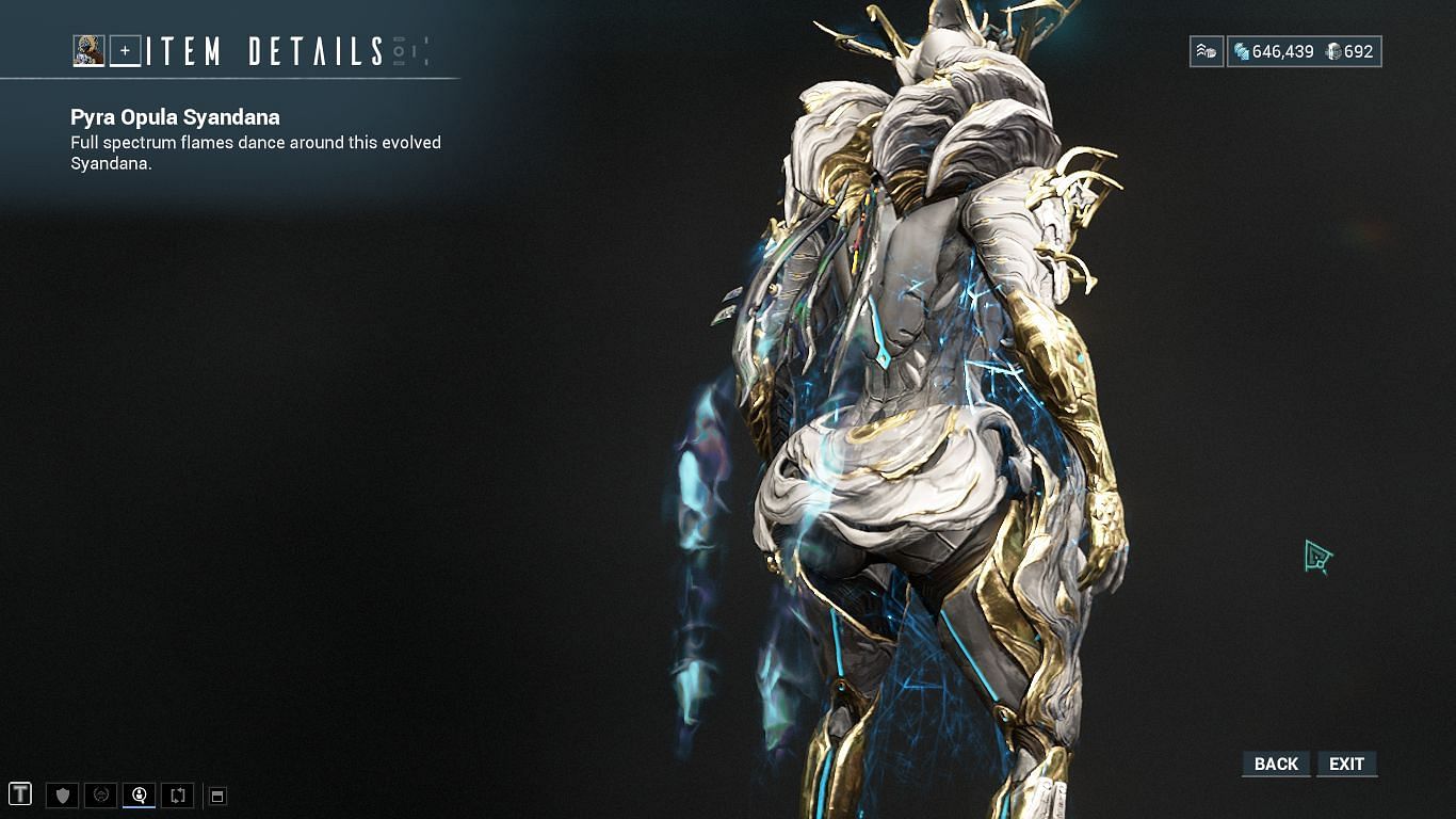 The new Pyra Opula Syandana, exclusive to the Gunblade Battlekit (Image via Sportskeeda || Digital Extremes)